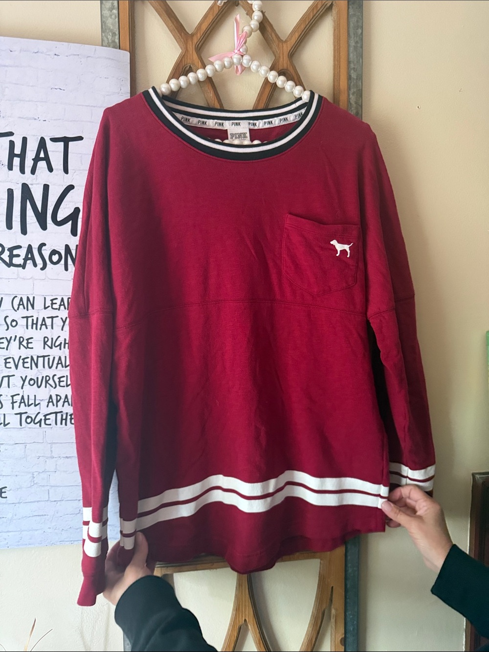 PINK Victoria's Secret Maroon Crewneck Top with Contrast Stripes